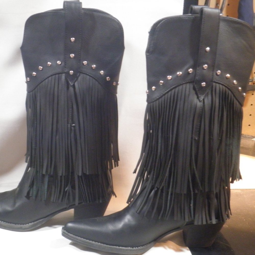 Roper Studded Pointed Toe Cowboy Women's Black Dress Fringe Boots size 6 1/2